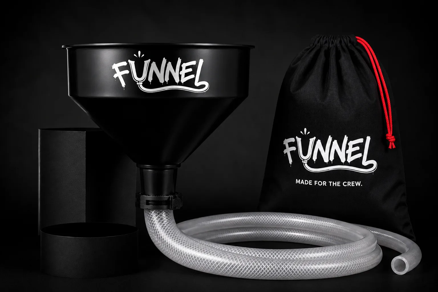 Černý FUNNEL s průhlednou hadicí, objímkou a vakem