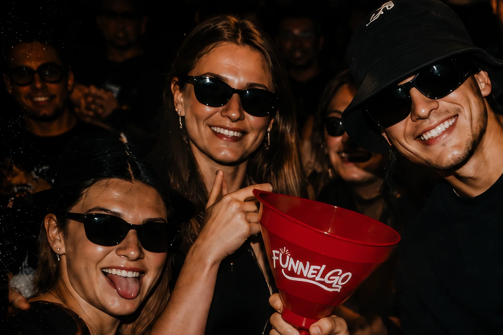 Parta přátel s červeným FUNNELGO během noční party