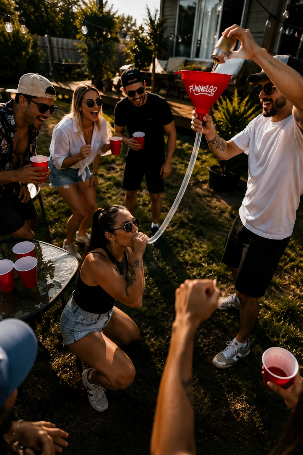 Parta přátel povzbuzuje FUNNELGO run na zahradní party