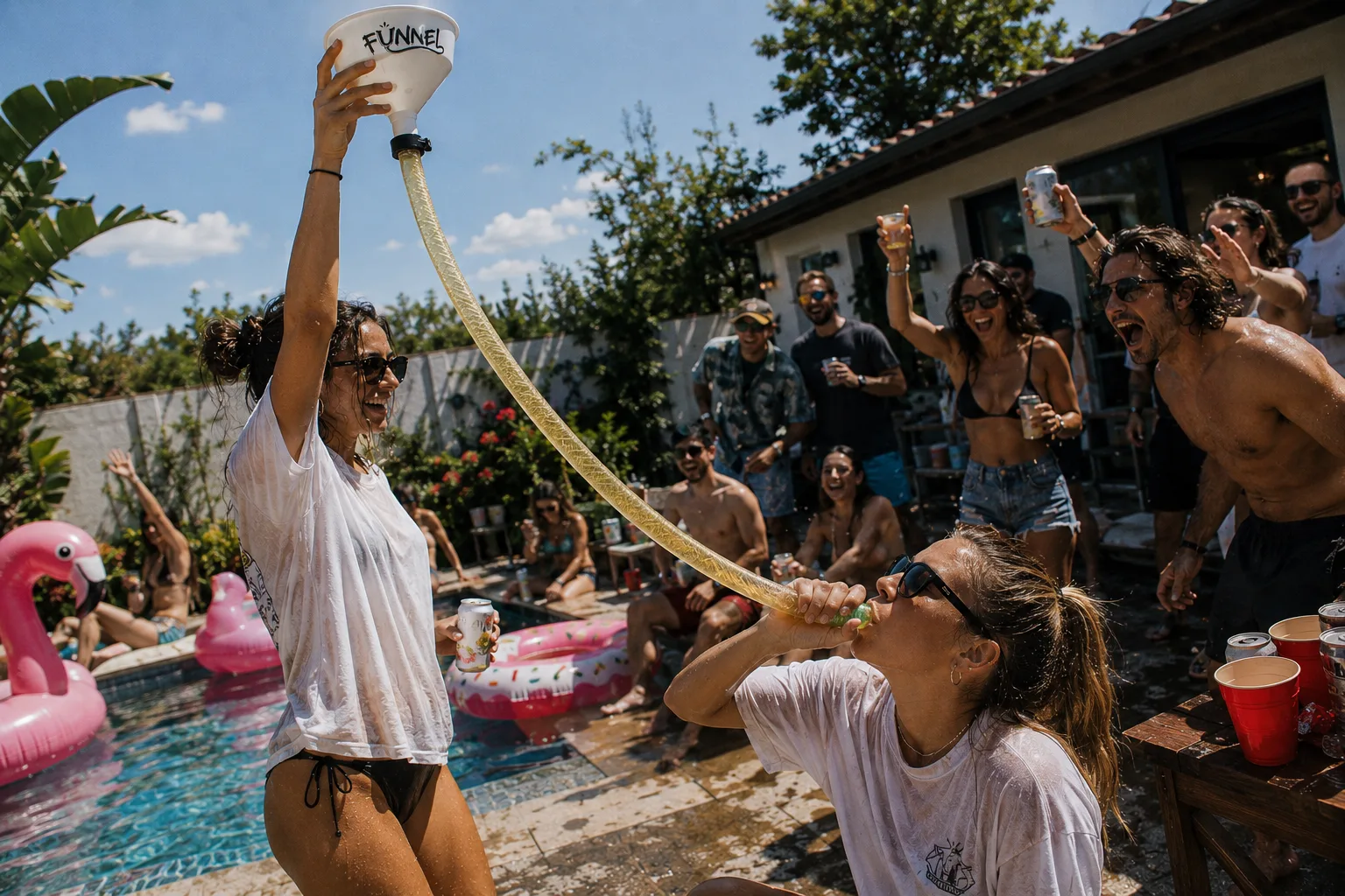 Crew povzbuzuje FUNNEL run na letní party u bazénu